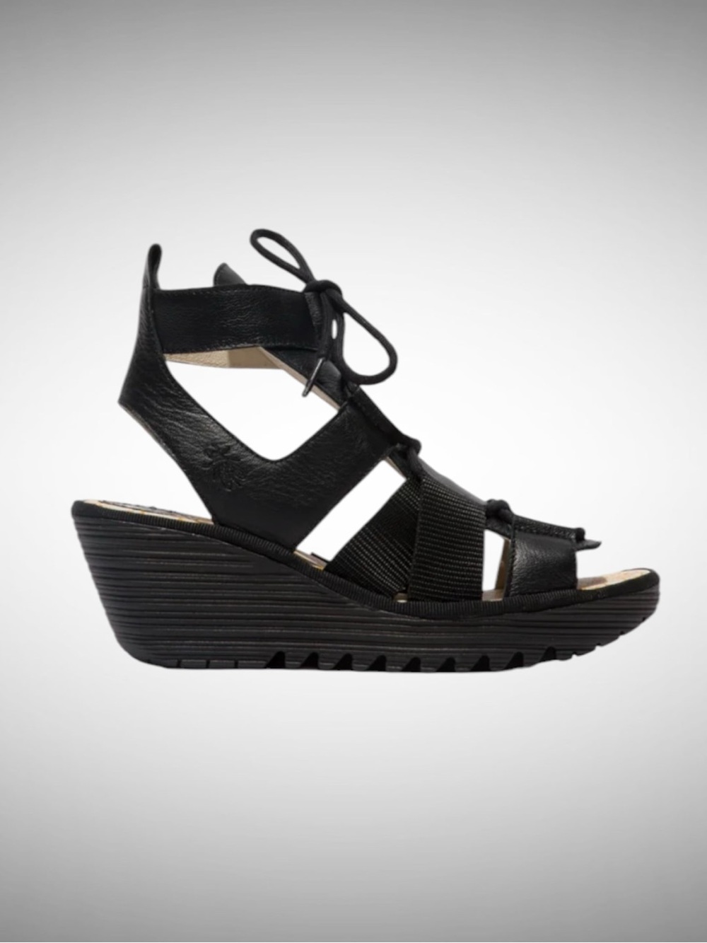 Fly London Black Lace-Up Wedge Sandal